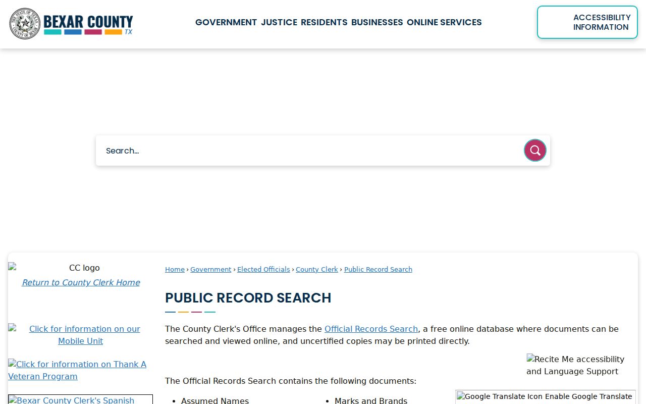 Bexar County warrant records, County Clerk public record search fields