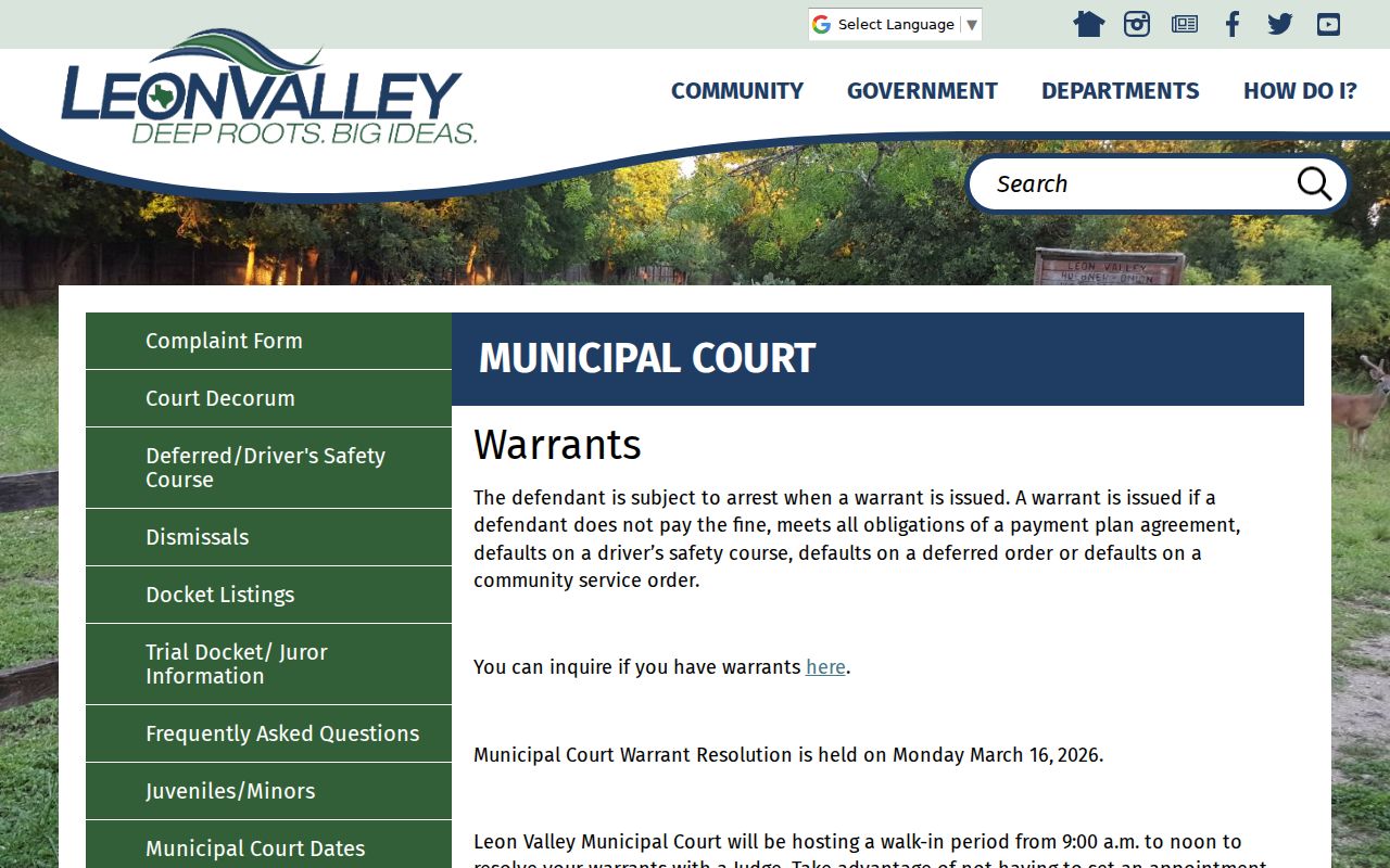 Bexar County Leon Valley warrant records, local Municipal Court resolution instructions