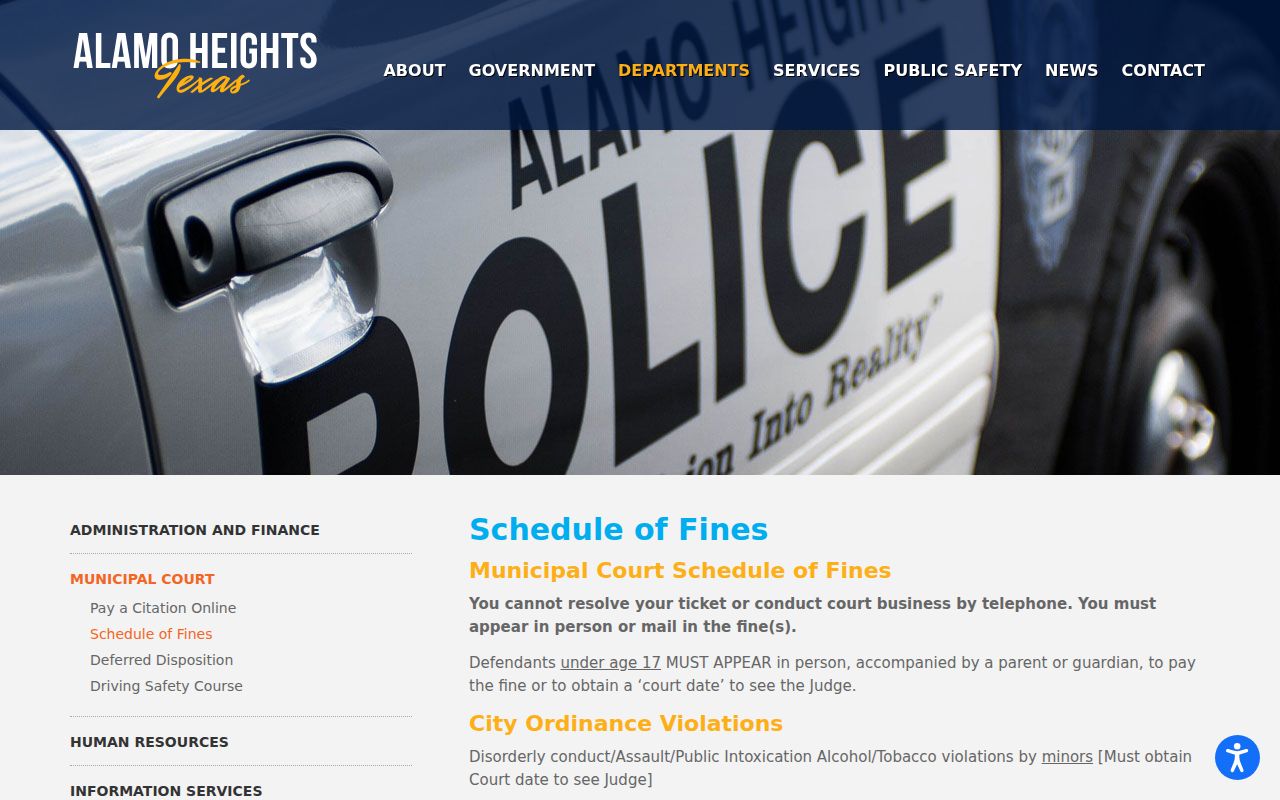 Bexar County Alamo Heights warrant records, city municipal court fine schedule