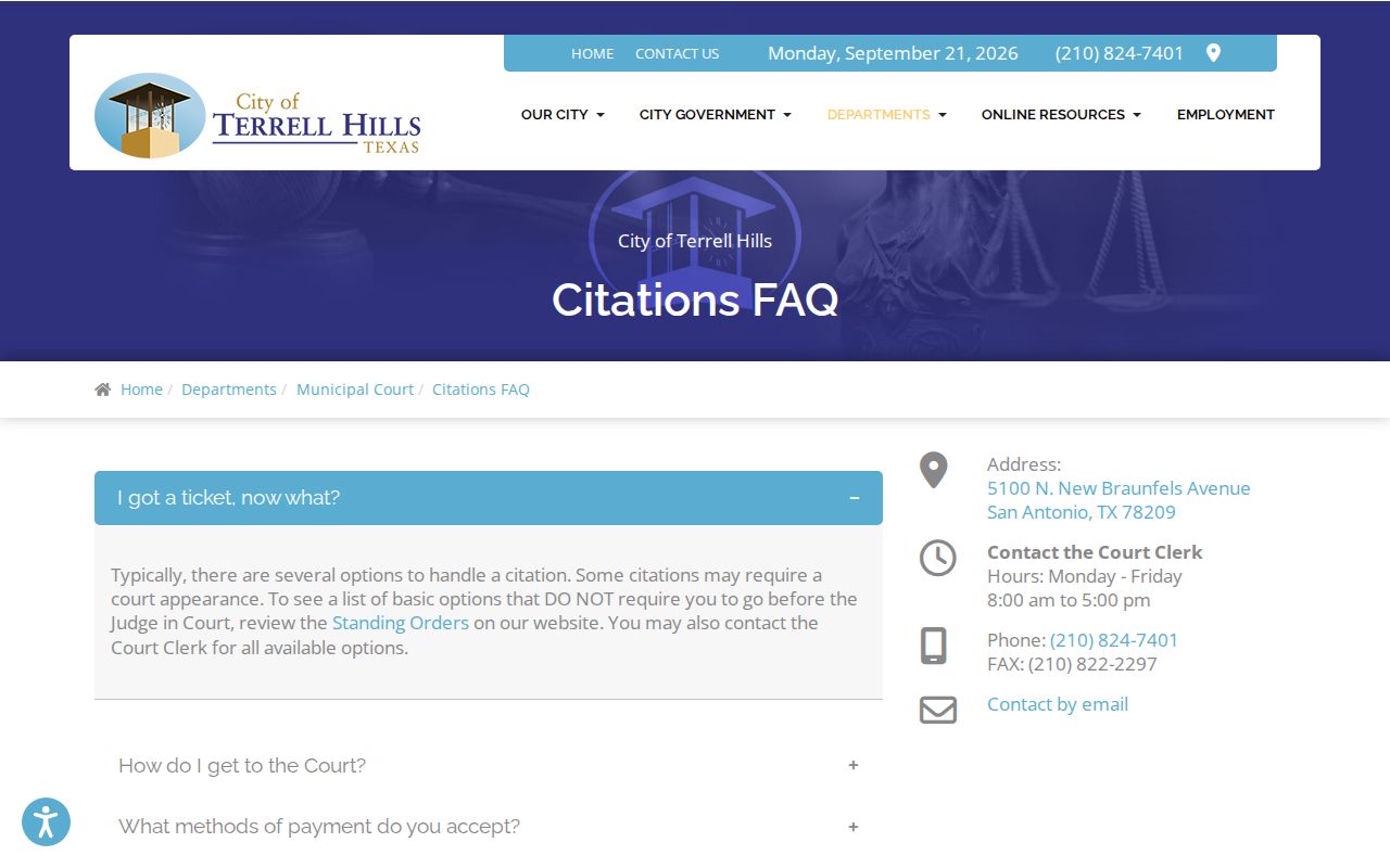 Bexar County Terrell Hills warrant records, citation FAQ and city payment guidance