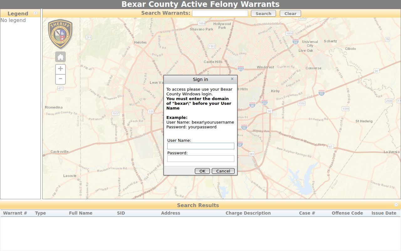 Bexar County warrant check, active felony warrants search screen